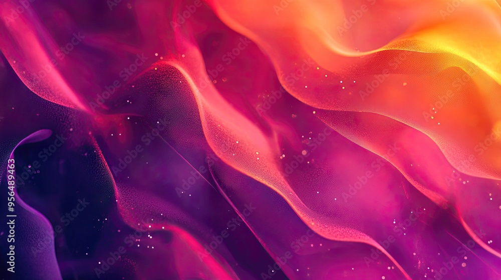 Poster a vibrant abstract background with flowing, colorful lines and sparkling particles.