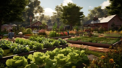 A scenic shot of a community garden where residents grow their own organic produce, emphasizing sustainable and local food sources.