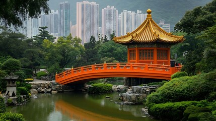Fototapeta premium Traditional Golden Pavilion and Red Bridge in Lush Garden Public Nan Lian Garden situated at Diamond hill Hongkong : Generative AI