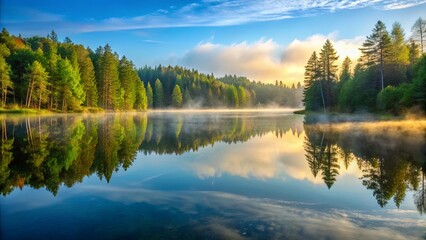 Fototapeta premium Secluded lake with calm waters reflecting surrounding forest and morning mist