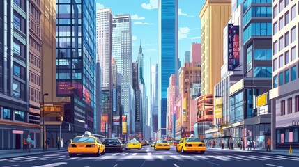 A vibrant street scene in a bustling city with skyscrapers and yellow cabs.