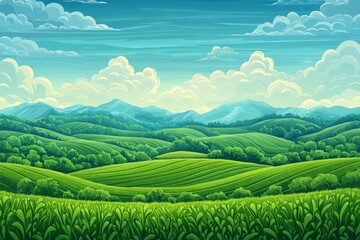 Fototapeta premium Lush Green Hills and Blue Sky with Fluffy Clouds