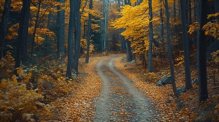 Obraz premium Offroad dirt trail and yellow tree canopies in fall season woods Colorful lush forest in autumn Landscape of autumnal wild nature : Generative AI