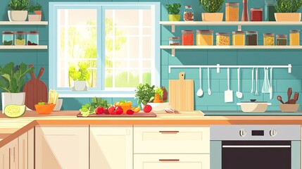A bright and airy kitchen with a large window overlooking a lush green garden.