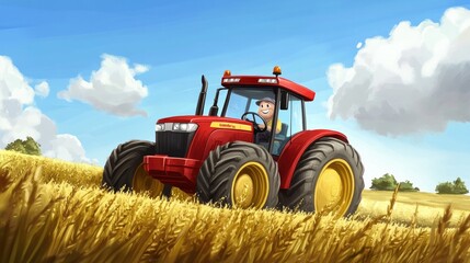 Fototapeta premium Cartoon farmer driving a red tractor through golden fields with a big smile and a blue sky overhead
