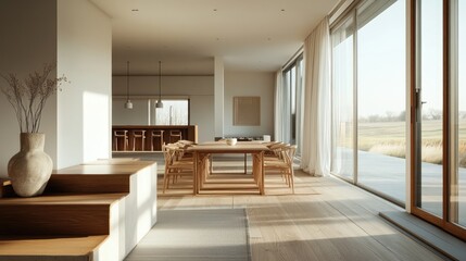 Obraz premium A modern and minimalist living room with a large window overlooking a grassy field.