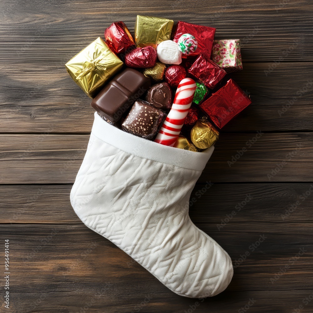 Canvas Prints A white Christmas stocking overflowing with various chocolates, candies, and a candy cane, set against a rustic wood background.