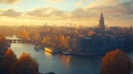 Fototapeta premium Panoramic autumn view of Amsterdam city. Famous Dutch channels and great cityscape. Colorful morning scene of Netherlands, Europe. Traveling concept background. 