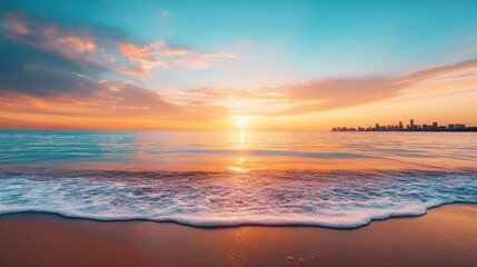 Obraz premium a sunset over a calm ocean with waves gently lapping at the shore, and a distant city skyline visible on the horizon, blending natural beauty with urban life