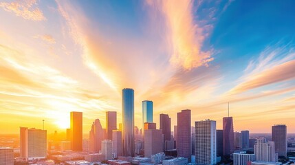 Fototapeta premium a sunset over a metropolitan skyline, with skyscrapers reflecting the warm colors of the sky