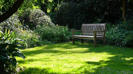 A green garden with a wooden bench, perfect for relaxation
