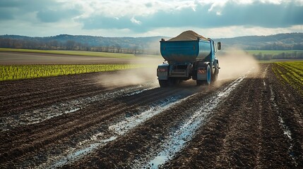 blue truck spreads lime on agricultural field in france near dijon in saone valley : Generative AI