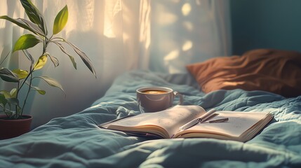 Cozy morning scene with a cup of coffee and an open notebook on a bed with a plant in the background.