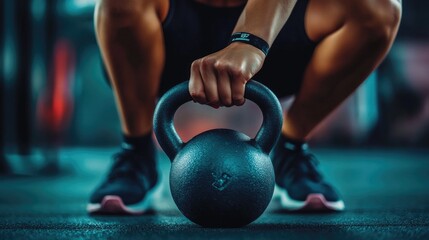 Close-up of a woman hand gripping a kettlebell, with focus on the equipment and toned muscles