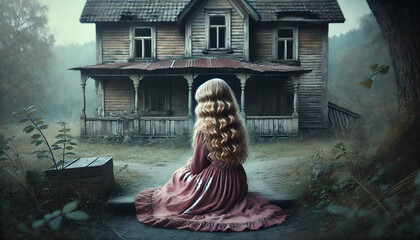 Abandoned girl sitting alone at abandoned house.
