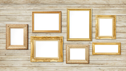 Luxurious baroque frame mockup hanging on a wooden wall