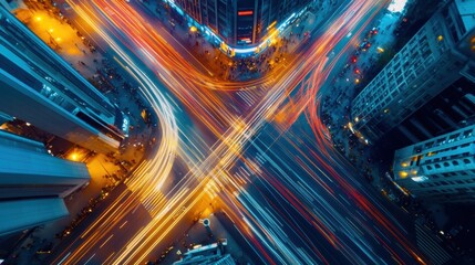a timelapse of a busy urban intersection with people and vehicles moving in all directions, a sense of the constant motion and energy of city life