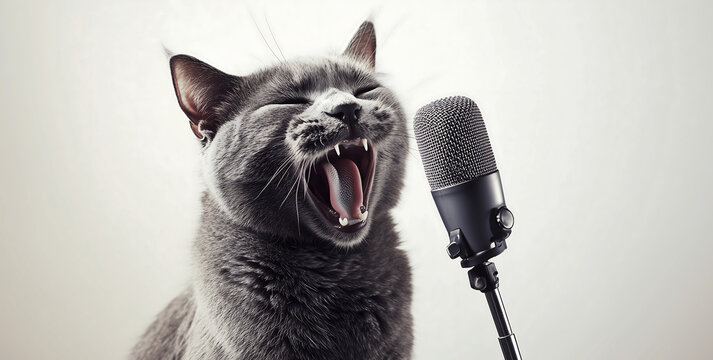 Funny Gray Cat Singing Into a Microphone Like a Rockstar in a Humorous Scene