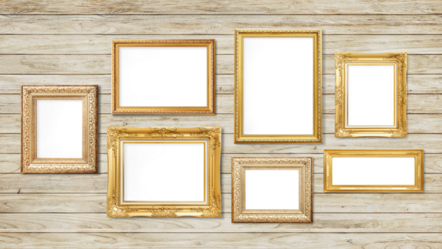 Luxurious baroque frame mockup hanging on a wooden wall