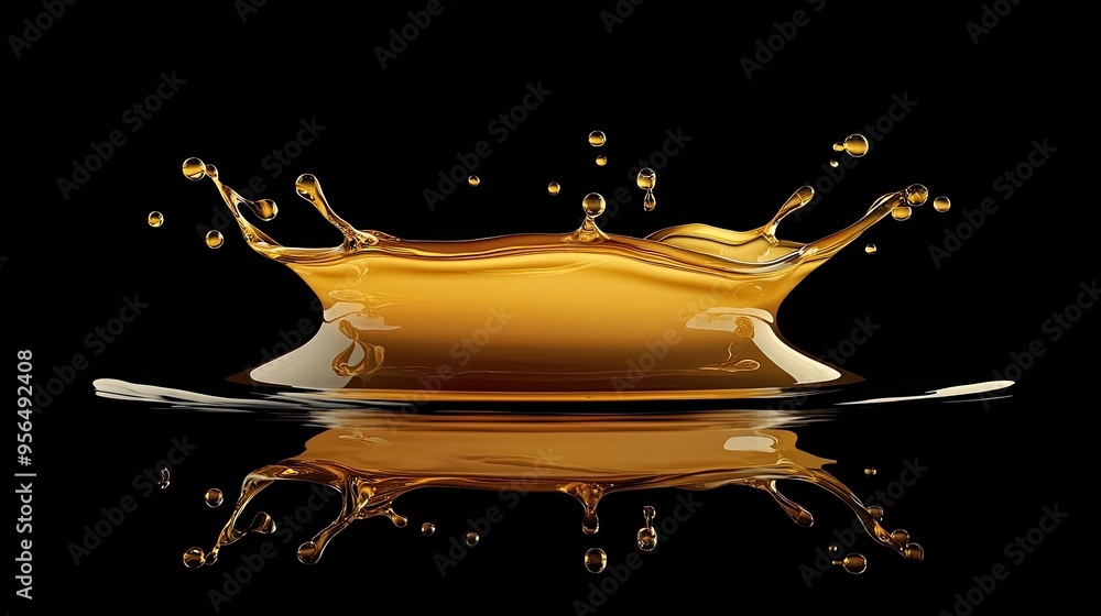 Poster a splash of liquid creating a crown shape with a reflection on a black background.