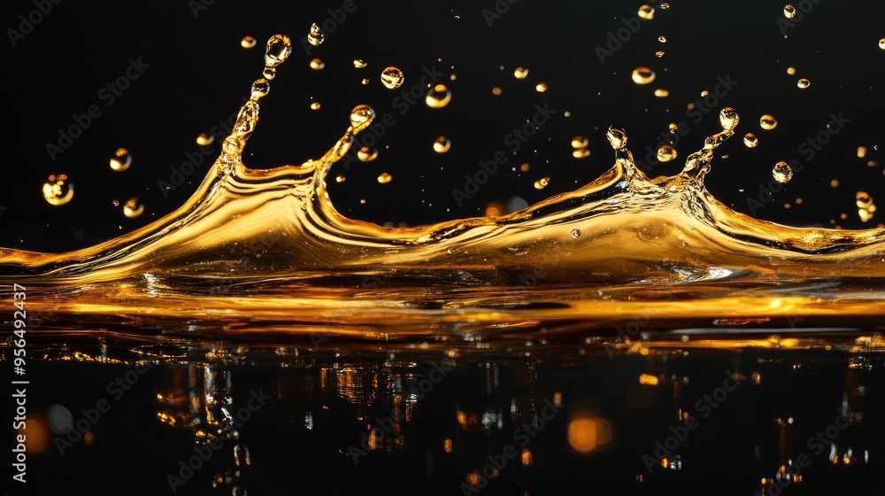 Poster a close-up of golden liquid splashing and creating a beautiful wave with droplets flying in the air.