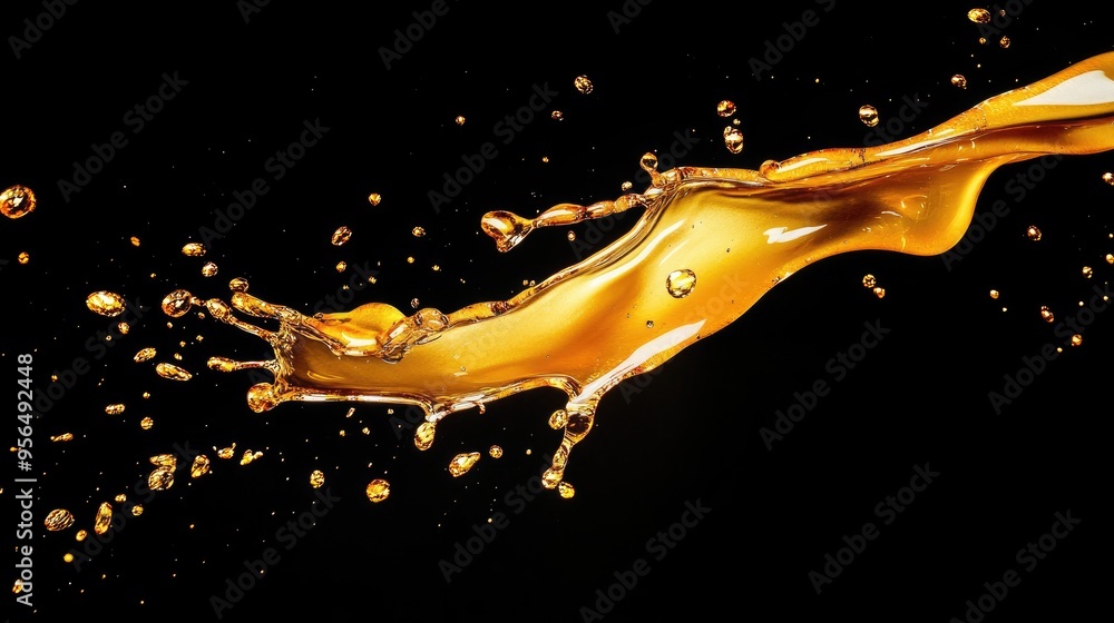Poster a golden liquid splash against a black background. the liquid is in motion, creating a dynamic and a