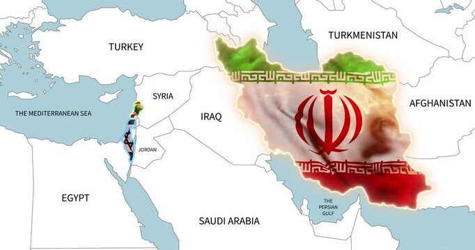 Map of the Middle East. Crisis between Israel, Lebanon and Iran, map of states in the colors of national flags. Fire symbolize possible conflict.