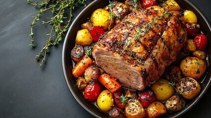 bowl of whole roast pork and vegetables on dark grey kitchen table top view : Generative AI