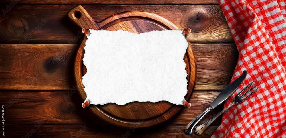Poster close-up and top view of old wooden cutting board with empty sheet of paper (parchment), and red and