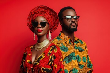 Elegant couple in traditional African attire on red