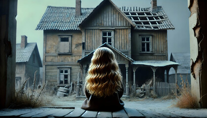 Abandoned girl sitting alone at abandoned house.