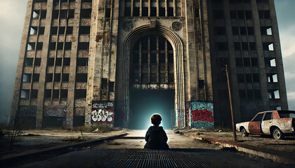 Abandoned boy sitting alone at abandoned building area. 