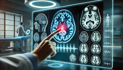 A Finger pointing at MRI brain screen interface, Mri showing brain stroke damage. 