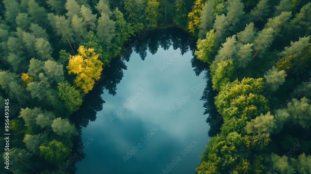 Poster aerial view of a lake in the forests of lithuania wild nature the name of the lake is mergeles akele