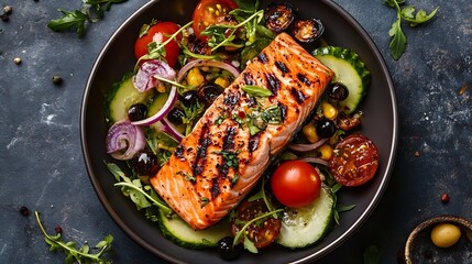 Greek salad with grilled salmon fish Traditional mediterranean cuisine Healthy food diet Top view : Generative AI