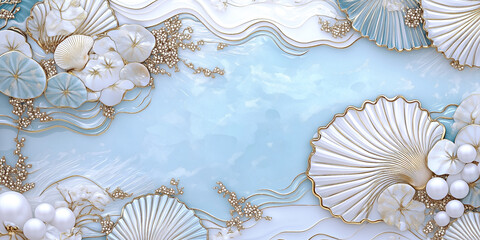 Luxury flat lay composition with sea white shells, pearls and abstract waves on blue mother-of-pearl background with copy space, top view. Greeting card, wedding invitation