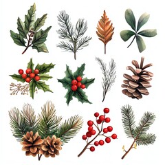 Naklejka premium A collection of hand-painted botanical elements, featuring pine, holly, and various leaves and berries for seasonal decoration.