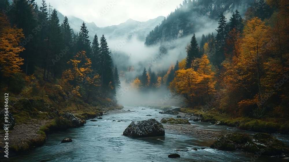 Aufkleber wild nature shot of mountain river in the mountains shrouded in clouds in autumn a foggy autumn morn