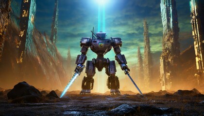 Fototapeta premium RPG Game Concept of Detailed catastrophic inside game army versus giant mecha robot on a broken city war, perfect to use for Story Boards Needs.