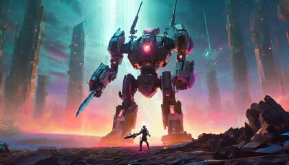 RPG Game Concept of Detailed catastrophic inside game army versus giant mecha robot on a broken city war, perfect to use for Story Boards Needs.