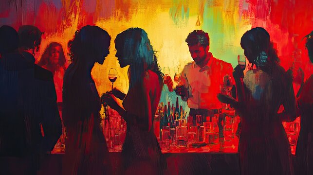 A group of friends gather around a bar, enjoying drinks and conversation. The warm lighting and vibrant colors create a cozy and inviting atmosphere.