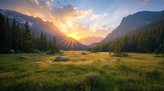 Sunrise over a mountain valley Rocky Mountain National Park Colorado : Generative AI - Powered by Adobe