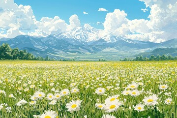 Fototapeta premium A Field of Daisies in Front of Snow-capped Mountains