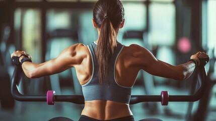Person using a rowing machine, with focus on the back muscles and the rhythm of the workout