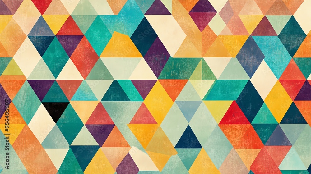 Poster a geometric pattern of colorful triangles.