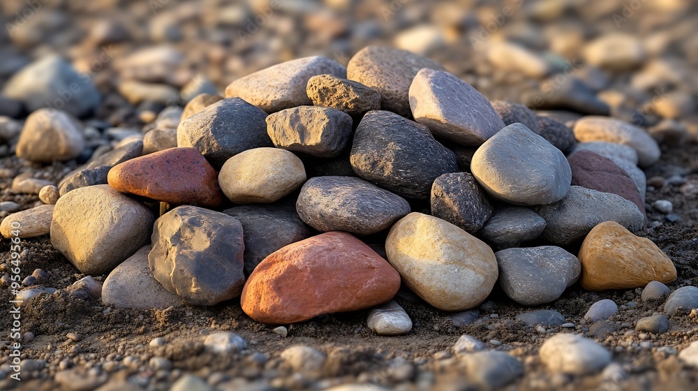 Poster a pile of rocks sitting on bare ground The rocks are all different sizes and colors with some being round and smooth and others being angular and rough : Generative AI
