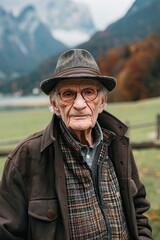 Elderly man in a hat, standing in a scenic mountain landscape