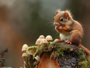 A cute chipmunk sits on a moss-covered log surrounded by small mushrooms, creating an enchanting forest scene that highlights the serenity and curiosity found in nature.