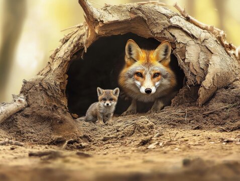 A fox and its cub peek out from their cozy den made of earthy materials, capturing the essence of family bonding, protection, and natural beauty in their woodland home.