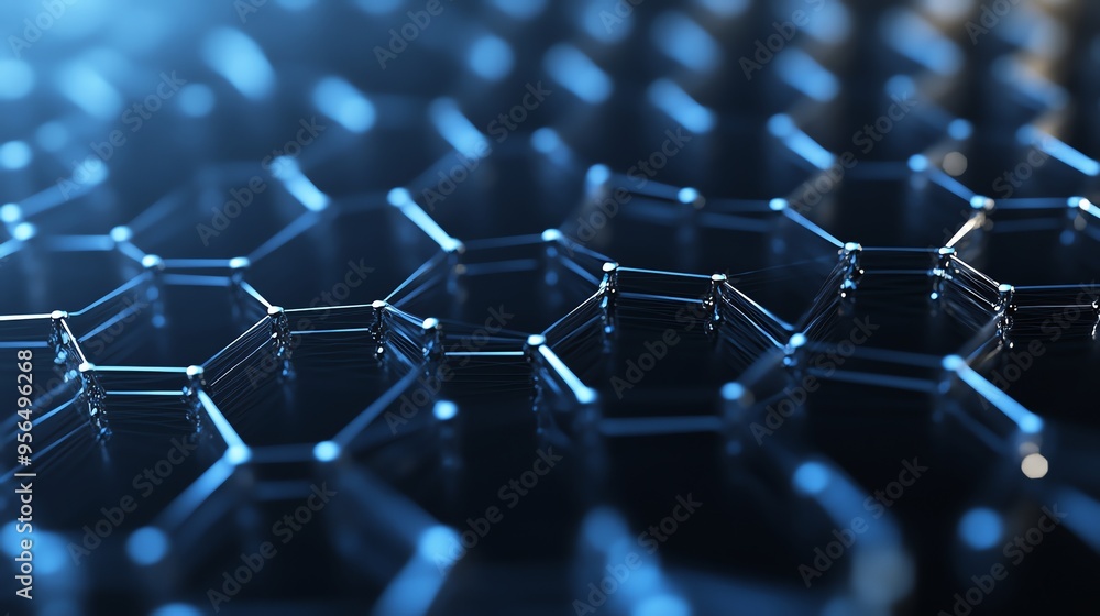 Poster abstract metallic hexagonal pattern in blue tones.
